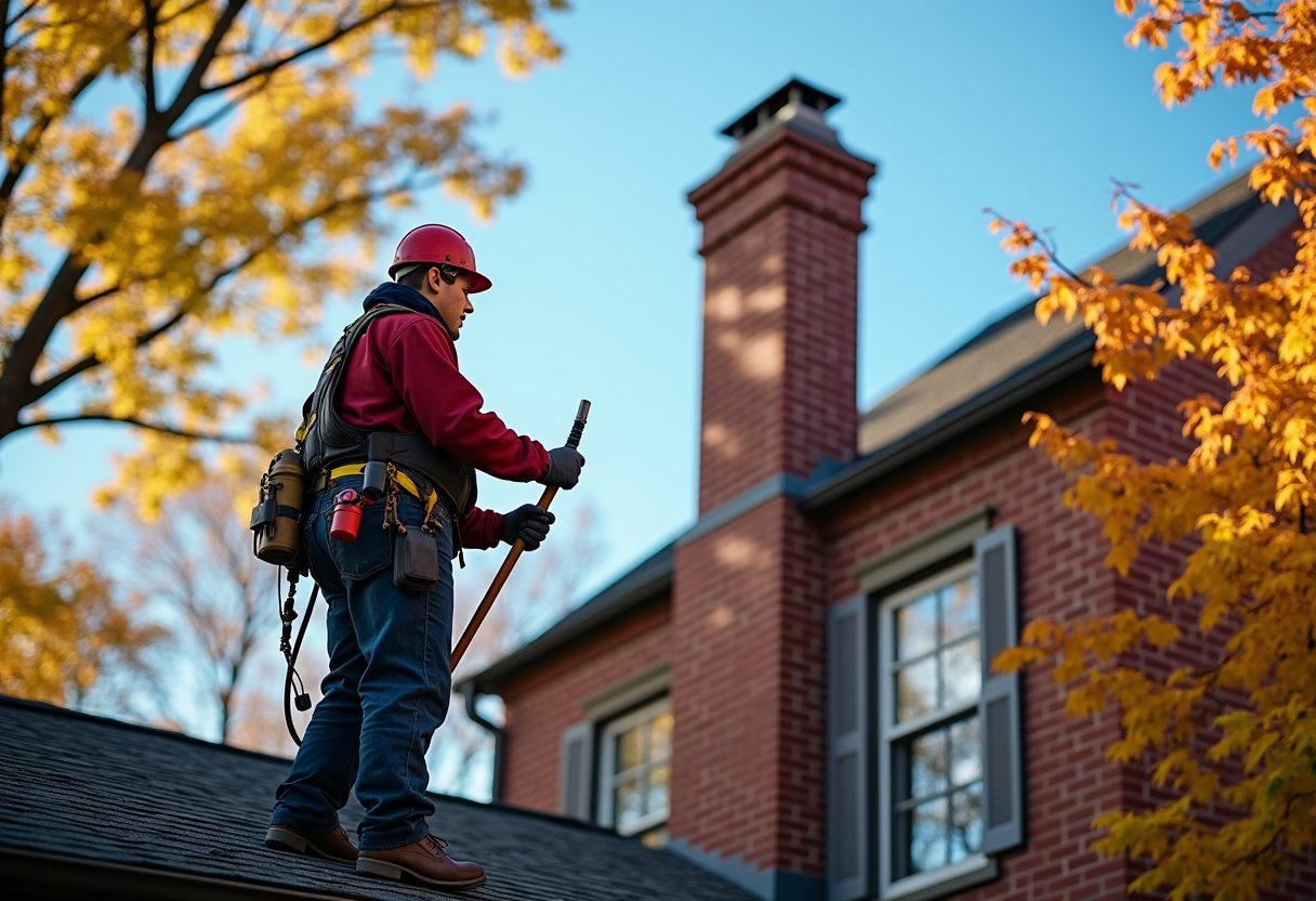 Chimney sweep on the roof of a brick colonial home — Bonney Lake